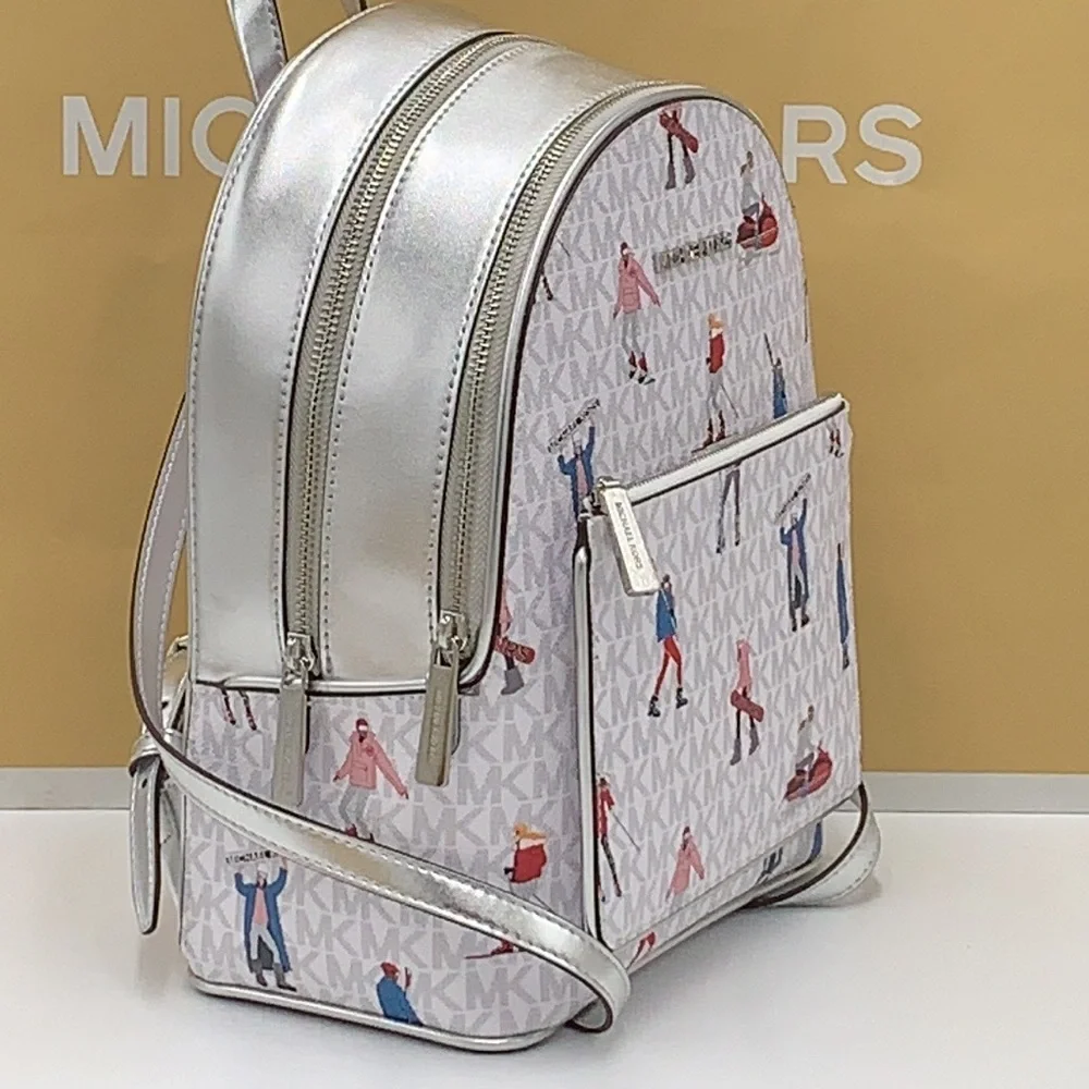 Michael Kors Jet Set Girls Adina Medium Backpack Bright White Silver Multi - Picture 2 of 15